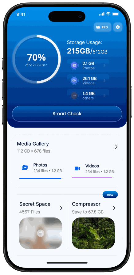 Cleanium storage overview screen showing 70% of 512GB used