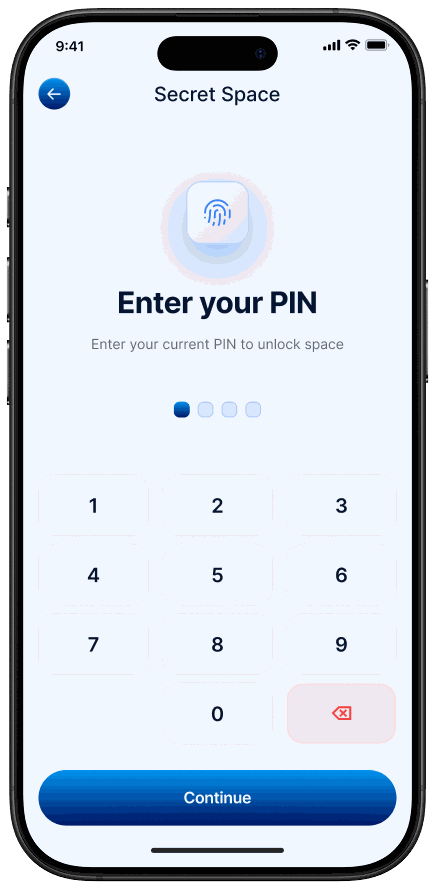 Secret Space PIN entry screen